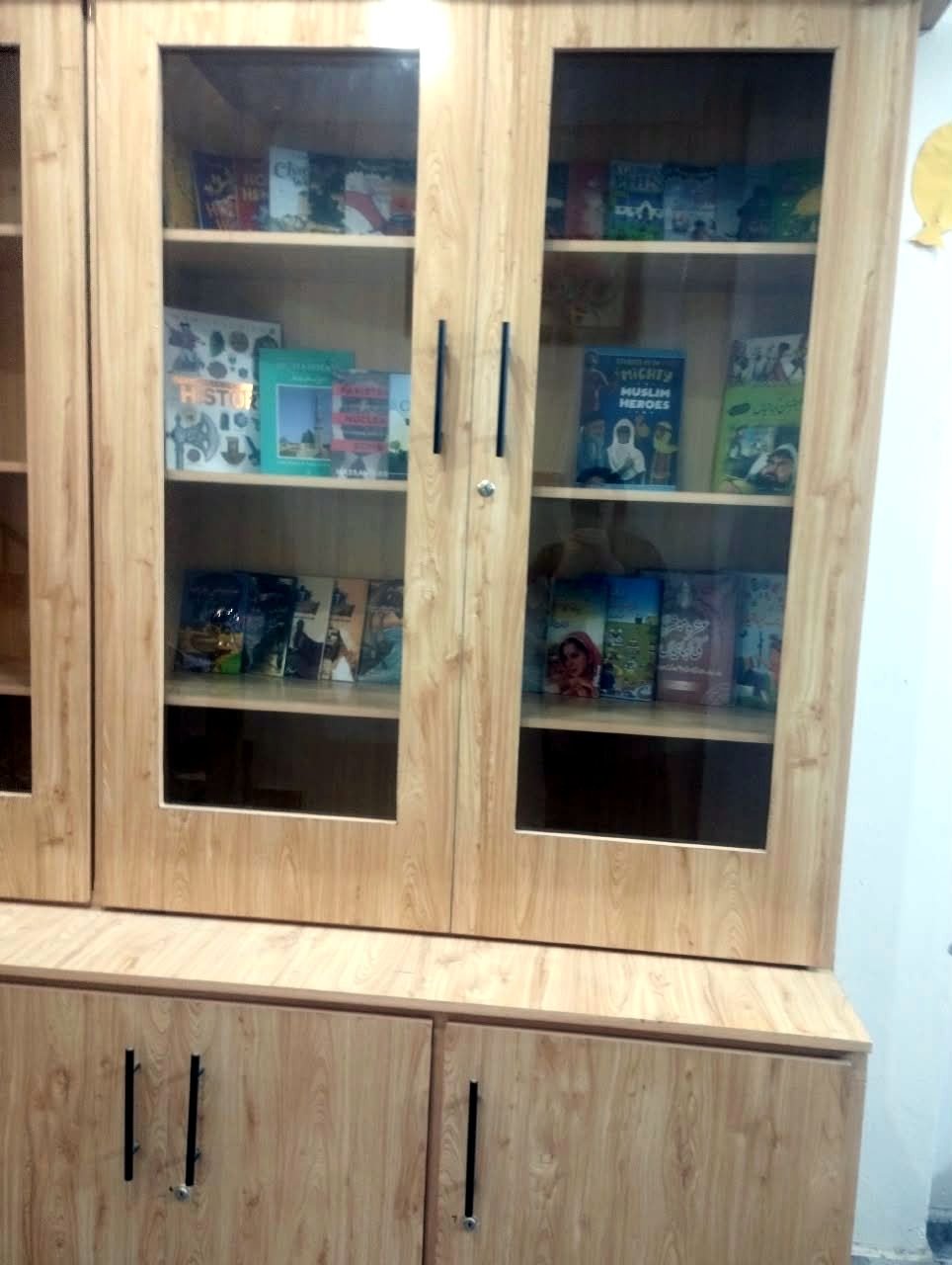 Library shelves with illustrated history and story books