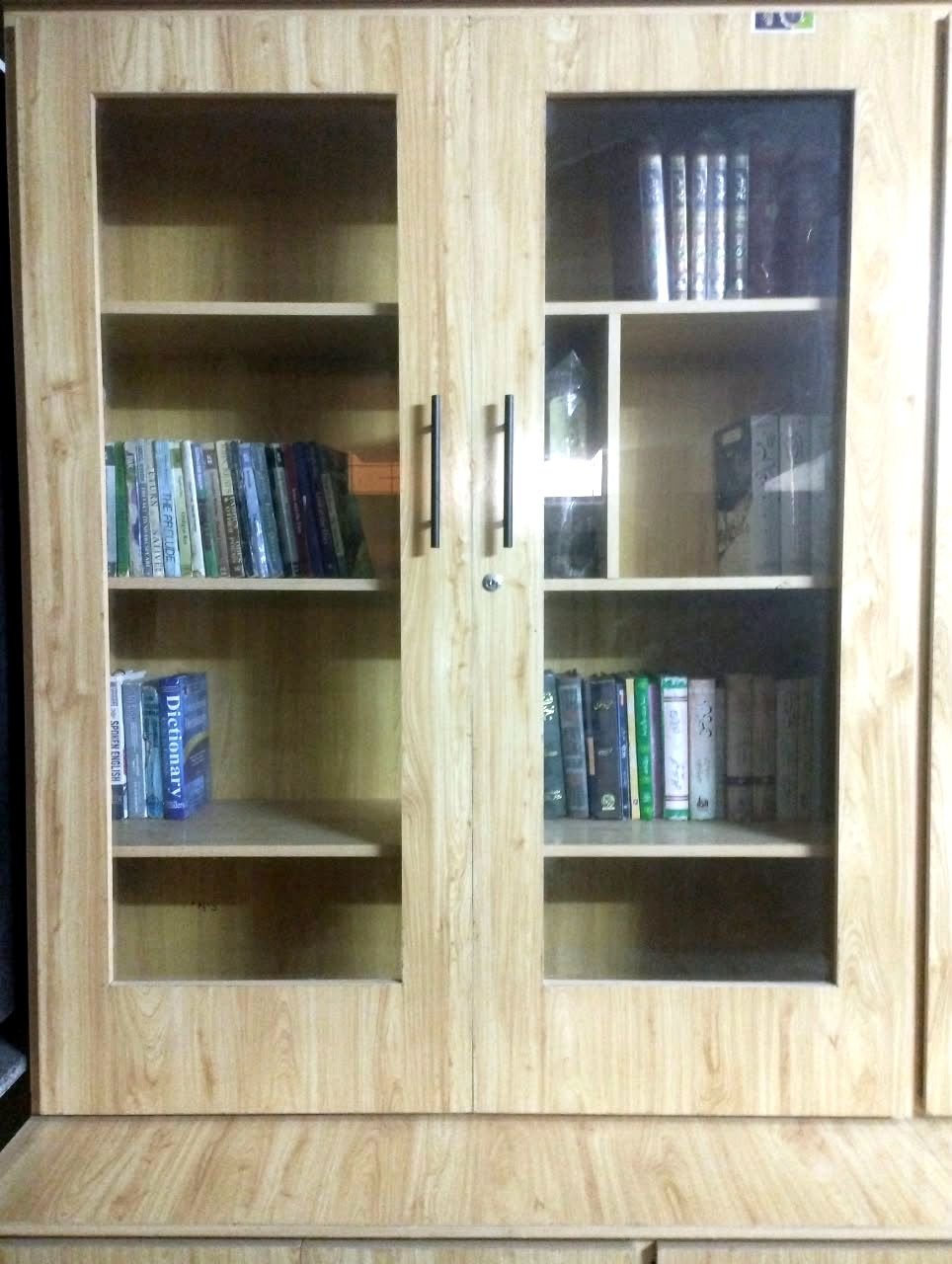 Library shelves with English and Urdu books and dictionaries
